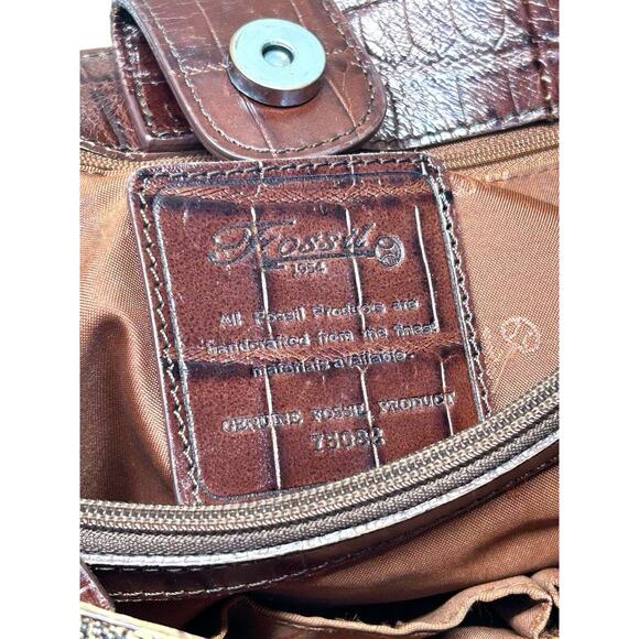 Vintage Fossil Floral Tapestry Carpet Handbag Purse Leather Satchel Boho - Picture 8 of 10